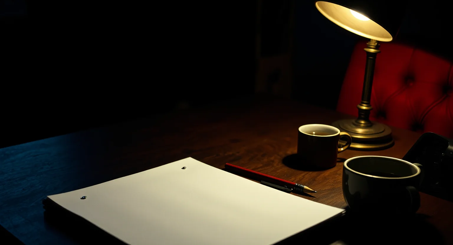 A bound screenplay held with two brass brads, lying on a walnut desk under a lamp.